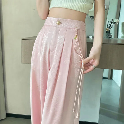 New Chinese Style Jacquard Wide Leg Satin Pants for Women Elegant Solid Office Lady Women's Casual Loose Pants Female