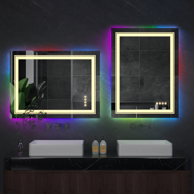 LUVODI Rectangle RGB LED Bath Mirror Wall Mounted Waterproof Demist Vanity Makeup Mirror with Multicolor Lights