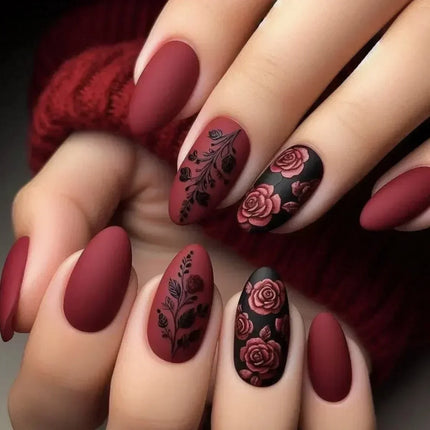 24Pcs Autumn Winter Matte Almond False Nails with Glue Rose
