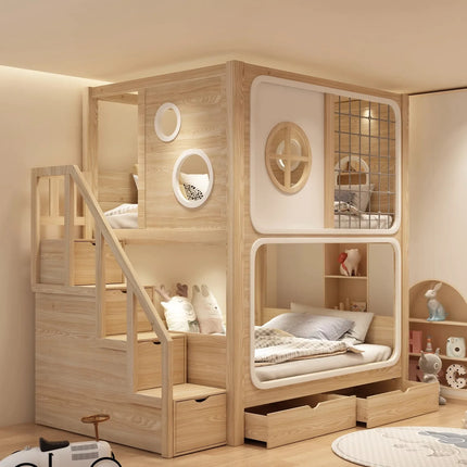 bunk bed tree house second floor same width children's  boy high and low  wood color child and mother slide