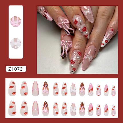 24pcs White Flower Fake Nail Tips Ins Yellow Pink Blush False Nails