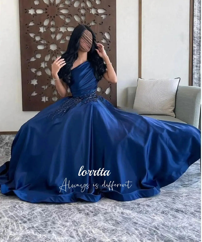 Luxury Woman Women's Evening Dress Dark Blue Satin Glitter Trim Line A Graduation Dresses Party Elegant Prom Wedding Customized