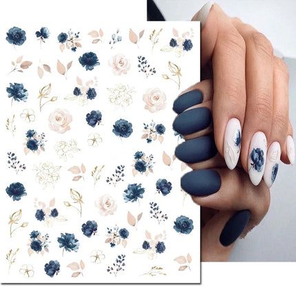 3d Nail Art Decals Elegant White RoyalBlue Roses Flowers