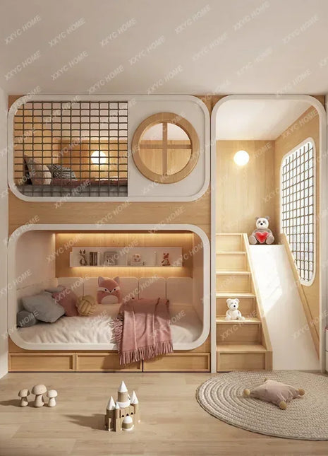 Children's Room Whole House Custom Slide Tree House Upper and Lower Bunk Bunk Bed High Guardrail Sister and Brother Attic Bed