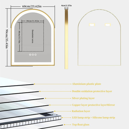 Gold LED Bathroom Mirror Large Wall Mounted Vanity Mirror 3 Colors Anti-Fog Dimmable Front Light Aluminum Frame 36x24" Arched