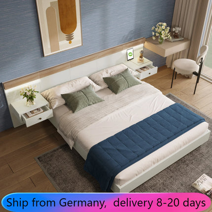 Double bed 160 x 200 cm with 2 LED bedside tables and USB C socket, including 2 bedside tables, bedroom complete - 205x264x90.5