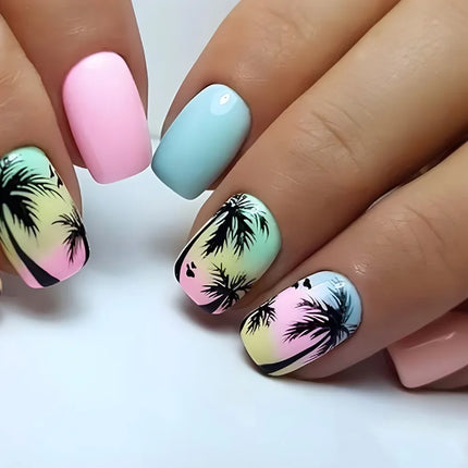 24pcs Short Square Press on Nails Jade Flower Sparkling