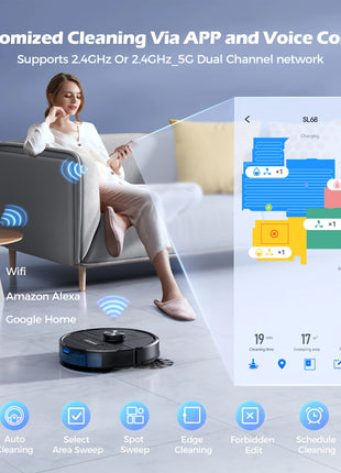Lubluelu SL68 Robotic Vacuum Cleaner, 4500Pa Suction Power, Anti-Siphon, 5 Maps, Self-Charging, 24 No-Go Zones,110V-240V Power
