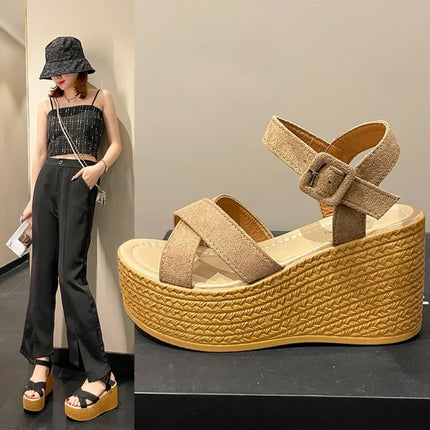 9cm Summer Women's Sandals Fashion High Heel Slope Heel Platform Open Toe Women's Sandals Size 34-42
