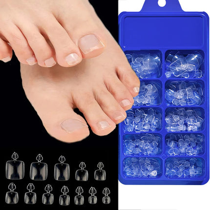 144pcs Short Square False Toe Nails Lake Blue/White/Red/Nude Press
