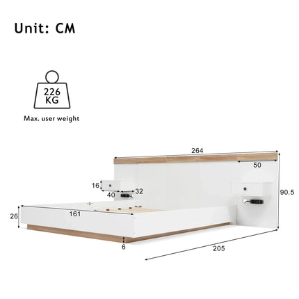 Double bed 160 x 200 cm with 2 LED bedside tables and USB C socket, including 2 bedside tables, bedroom complete - 205x264x90.5