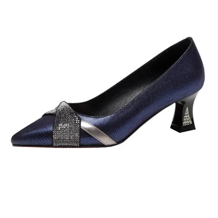 Women Cute Sweet Navy Blue High Quality Floral Crystal Comfort Pumps Lady Fashion Wine Red Heel