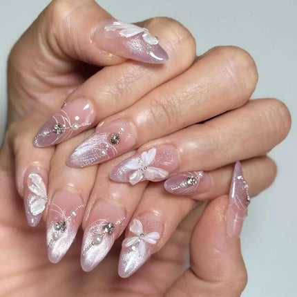 Blush Pink False Nails Bowknot Diamond Pearl 3D Design Press on Nail Tips