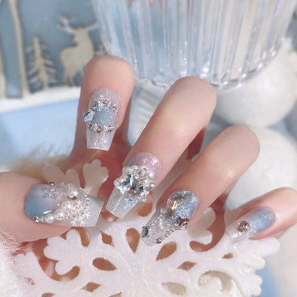 Blush Pink False Nails Bowknot Diamond Pearl 3D Design Press on Nail Tips