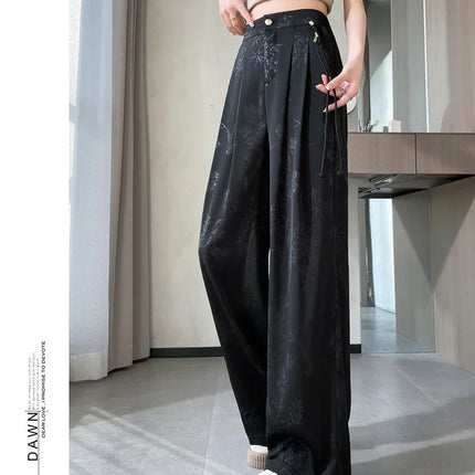 New Chinese Style Jacquard Wide Leg Satin Pants for Women Elegant Solid Office Lady Women's Casual Loose Pants Female