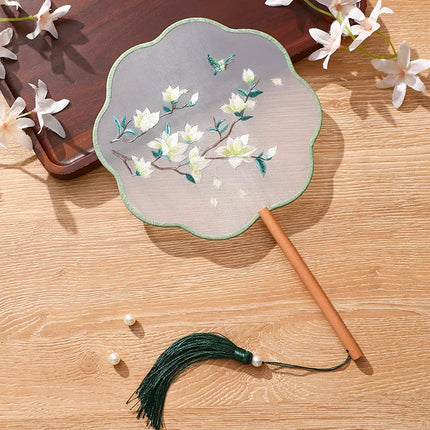 Embroidered Group Fan Ancient Style Fan Summer Long Handled Tassel Dance Hanfu Palace Fan Children's Cheongsam Round Fan