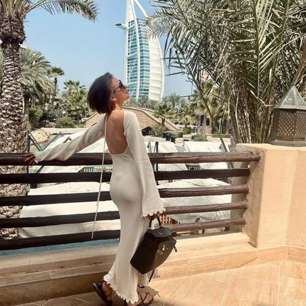 Cryptographic Elegant Knitted Sweater Maxi Dress Outfits for Women Flare Sleeve Sexy Backless Dresses Edible Tree Fungus Clothes