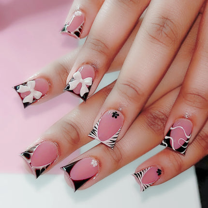 Blush Pink False Nails Bowknot Diamond Pearl 3D Design Press on Nail Tips