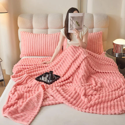 Korean Style Throw Blanket for Couch, Cozy Warm Plush Striped Blanket for Sofa