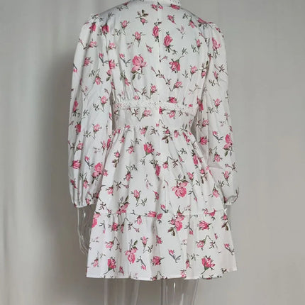 Luxury new elegant sweet print V-neck lace short long sleeve floral dress women