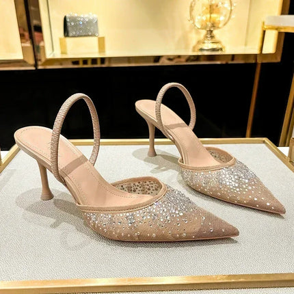 Luxury Designer Shiny Rhinestone Mesh Heeled Sandals Women Summer