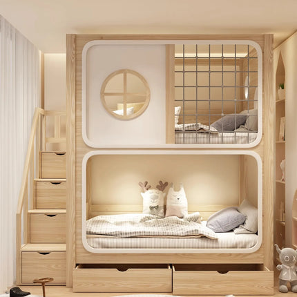 bunk bed tree house second floor same width children's  boy high and low  wood color child and mother slide