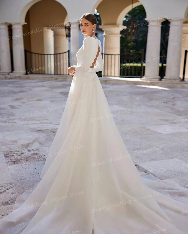 Simple Wedding Dresses A Line Sexy Boat Neck Women's Bridal Gowns Long Sleeve Backless Formal Satin Muslim Vestidos Customized