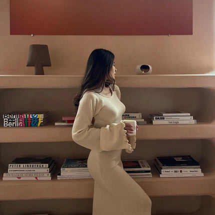 Cryptographic Elegant Knitted Sweater Maxi Dress Outfits for Women Flare Sleeve Sexy Backless Dresses Edible Tree Fungus Clothes