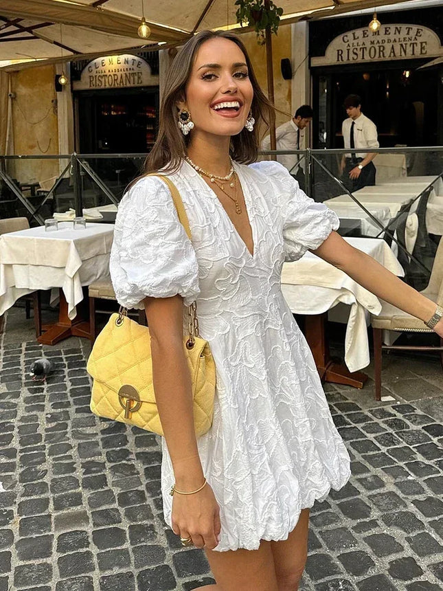 Embroidered Puff Short Sleeved White Dress Women Elegant V-neck Ruffles High Waist Dresses 2024 Summer A-line Streetwear