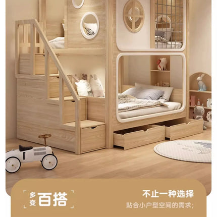 bunk bed tree house second floor same width children's  boy high and low  wood color child and mother slide