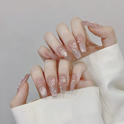 10Pcs Reuse Finished Fake Nails with Butterfly Deisgn Pink Cat's Eye French