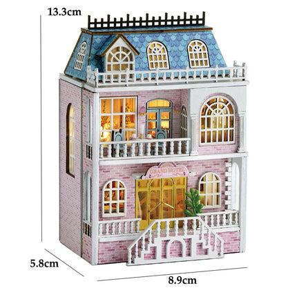 Wooden Doll House Assembly Building Model Pink Princess Villa Architecture Kit 3D