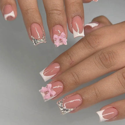 24Pcs Pink French Style Fake Nails 3D Bowknot Designs Short Square
