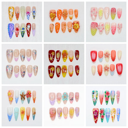 10Pcs Custom 3D beautiful handmade Flowers Manicure Press On Nails,