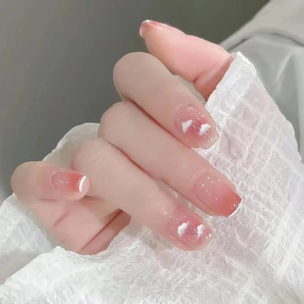 Blush Pink False Nails Bowknot Diamond Pearl 3D Design Press on Nail Tips