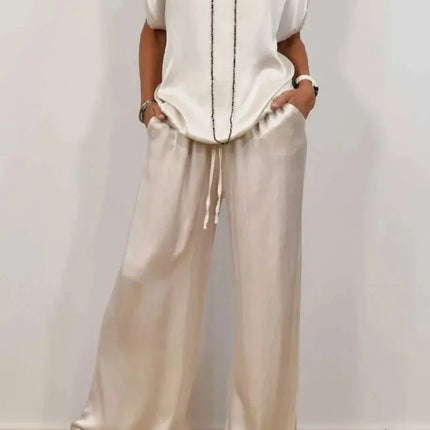 Casual Loose Satin T Shirt Pants Two Piece Sets Women Fashion O-neck Short Sleeve T Shirts Suit Spring Summer