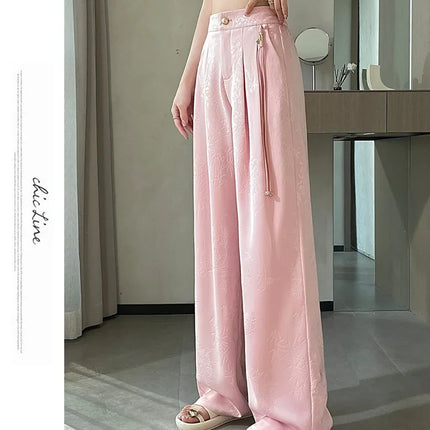 New Chinese Style Jacquard Wide Leg Satin Pants for Women Elegant Solid Office Lady Women's Casual Loose Pants Female