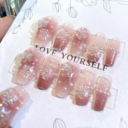 Blush Pink False Nails Bowknot Diamond Pearl 3D Design Press on Nail Tips