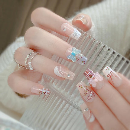 Blush Pink False Nails Bowknot Diamond Pearl 3D Design Press on Nail Tips