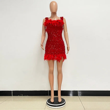 Spring And Summer Women's Clothing MINI Short Solid Color New Wind Sequins Halter Beach Dress One-word Shoulder Feathers Spice G