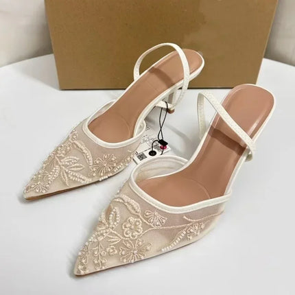 Brand Designer White Women Wedding Pumps Mesh Embroidered Flowers Back Strap
