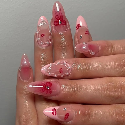 24PCS Wine Red Almond Press on Nails Cartoon Rabbit Bowknot