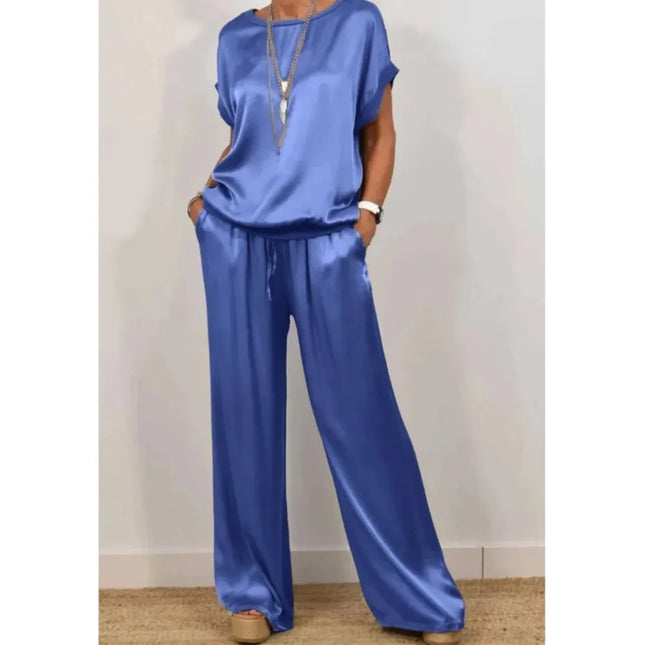 2-piece Set Fashion Satin O Neck T-shirt Top Trousers Summer Retro Elegant Casual Loose Wide
