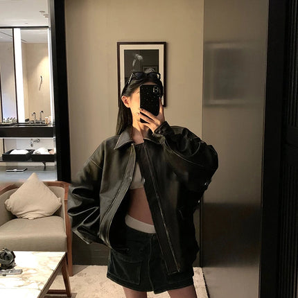 Spring Autumn Cool Handsome Retro Oversized Distressed Brown Soft Faux Leather Jackets for Women Zipper Runway Fashion