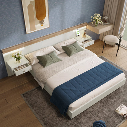 Double bed 160 x 200 cm with 2 LED bedside tables and USB C socket, including 2 bedside tables, bedroom complete - 205x264x90.5