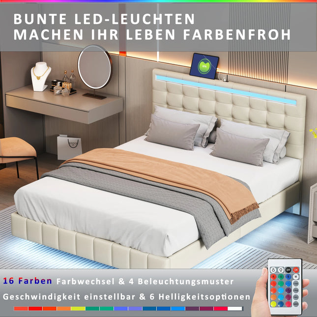 140 X 200 Cm With Upholstered Floating Bed Frame With LED Lights And Headboard Design