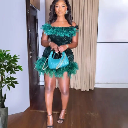 Spring And Summer Women's Clothing MINI Short Solid Color New Wind Sequins Halter Beach Dress One-word Shoulder Feathers Spice G