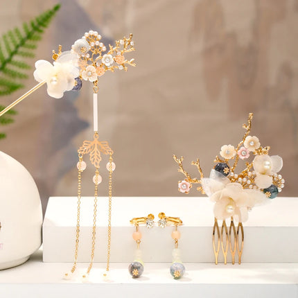 Chinese Long Hair Stick tiara Headpiece Women Hair Accessories Flower Crystal Pearl Hair Pins Handmade Hanfu Hair Jewelry Set