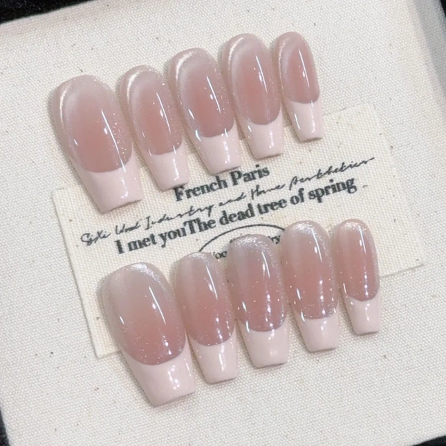 10pcs Handmade Press on Nails Medium-Length Ladder Pink Edge French