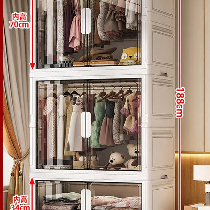 Double Door Open Clothes Storage Organizer with Wheels Foldable Wardrobe Cabinet Baby Cupboard Organizing Box Containers Bin